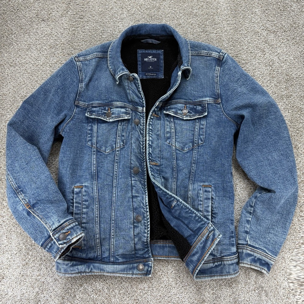 Hollister Denim Trucker Jacket Men's Medium Blue Epic Flex Sherpa Fleece Lined